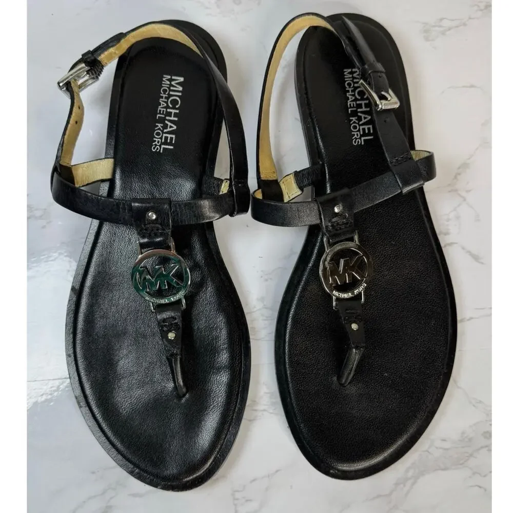 Michael Kors Sondra‎ Thong Sandals Black Leather Sandal Silver Accent Size 7
